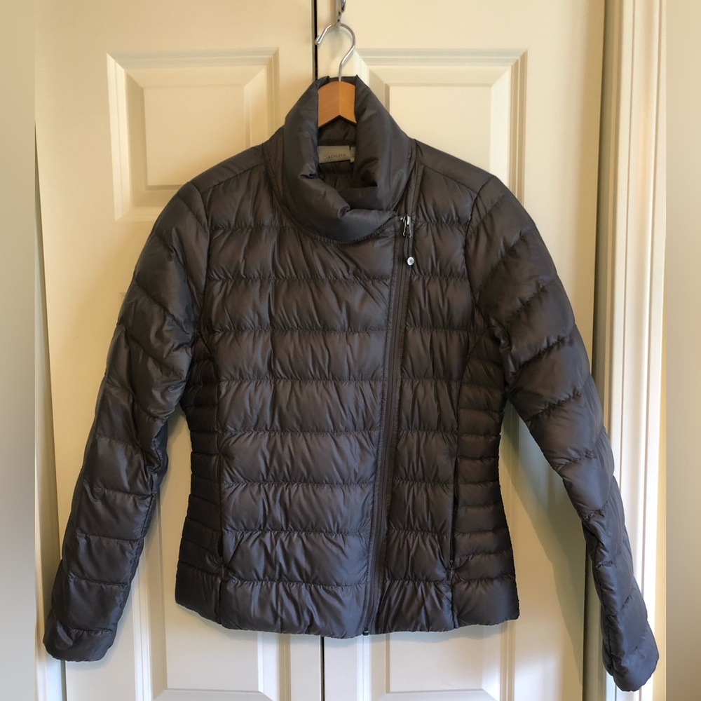 Athleta Down Puffer Jacket Asymmetrical Zip Up Coat Warm Womens Medium